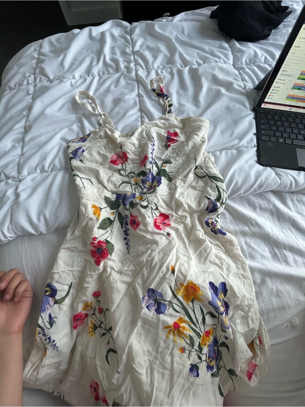 Old Navy White Floral Mini Dress with Flower Pink, Purple, Yellow Accents